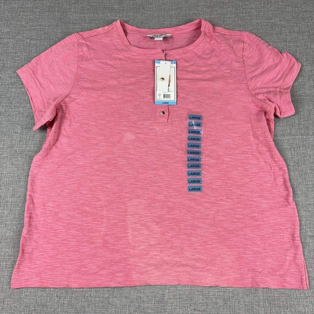 Nine West Jeans‎ Shirt Womens L Pink Henley Short Sleeve Slub Jersey Basic Top